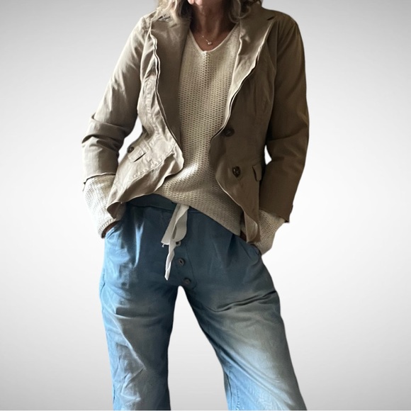 Vintage MarcCain Khaki Cotton-Blend Ruffle Blazer N2 - Picture 2 of 14